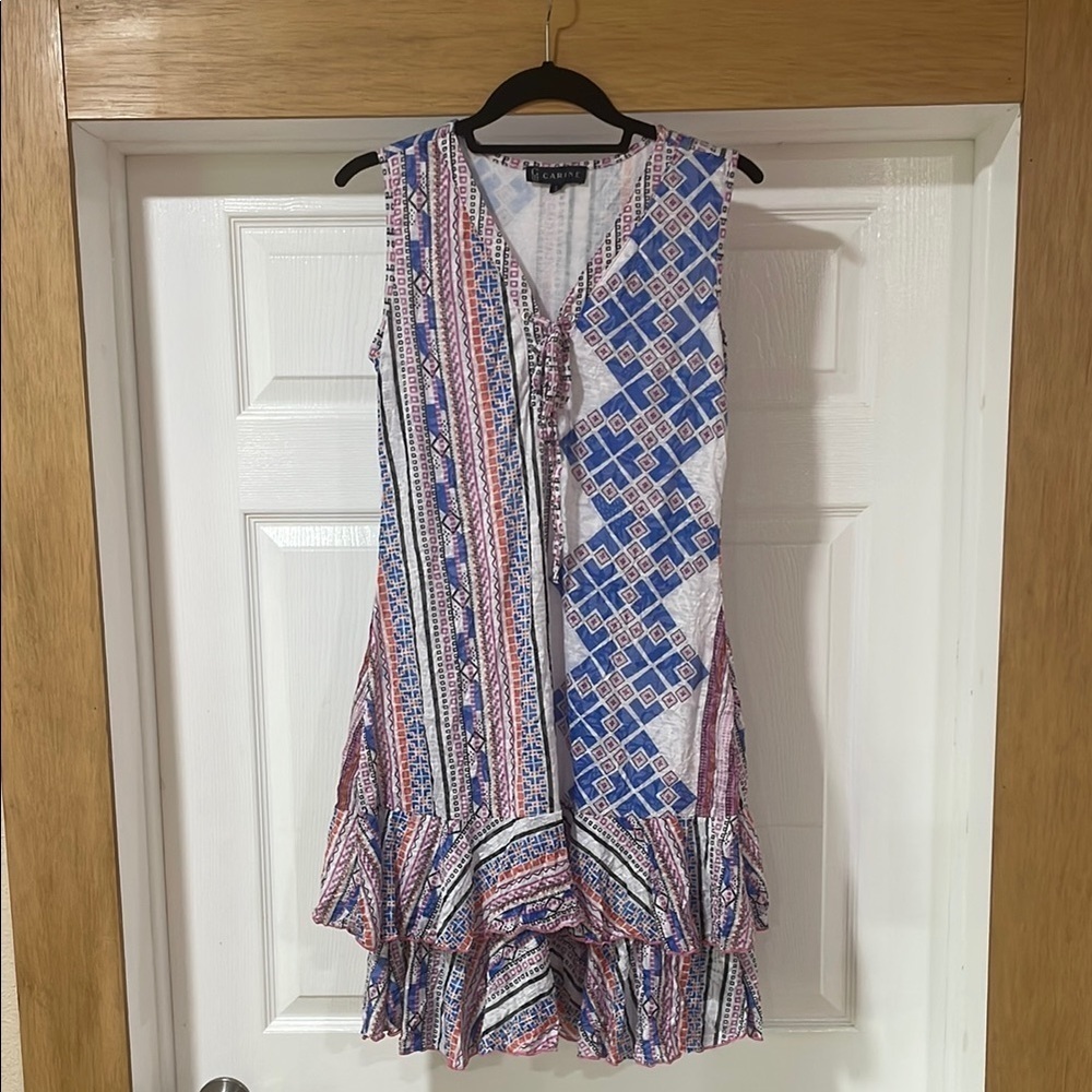 Carine Dress Size S Mini Crinkle Fabric Ruffle Sleeveless Lined White Blue - Picture 2 of 9